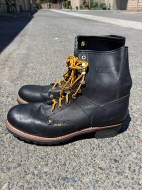 Black Leather Work Boots with Yellow Laces